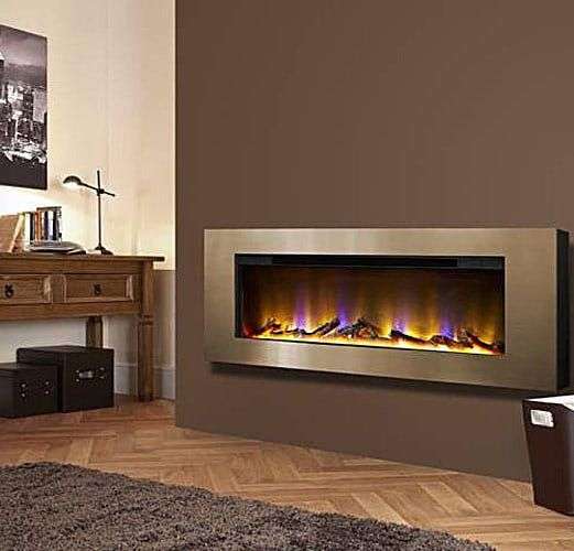 Large rectangular wall set electric fire with brushed steel frame and realistic burning logs inside
