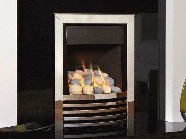 The Delamere Plus open-fronted gas fire featuring a pebble fuel bed effect black interior and chrome trim and fret