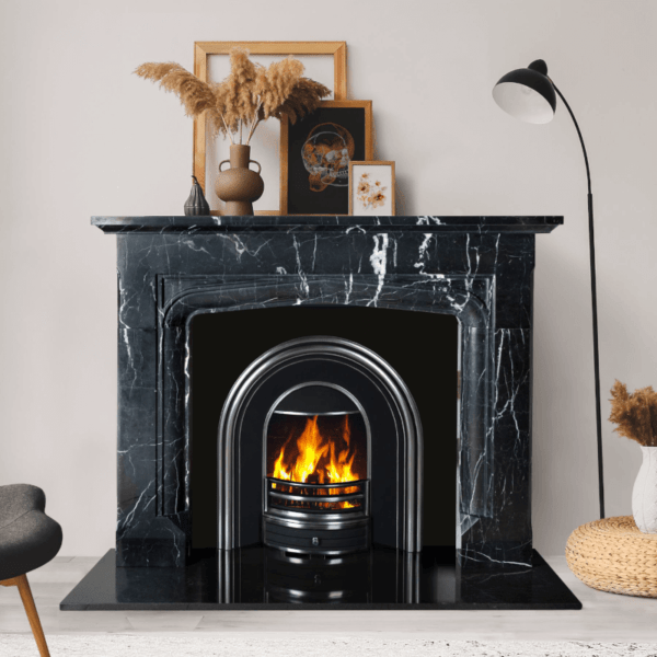 54" Alexander Nocturnal Moon Marble Surround in Black and White Veined Marble Pictured with: Mourne Cast Iron Inset & Polished Black Granite Hearth