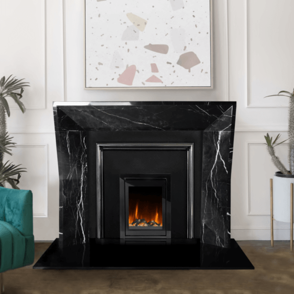 The 54" Edge Polished Nocturnal Moon marble surround combines clean lines with strong architectural detail for elegant homes. This stunning surround is pictured in ebony marble with a white vein. The black insert houses a chic black stove resting on top an elegant black hearth