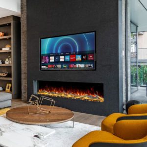 The stunning Ellere, designer inspired electric fire range, pictured here built in to a feature wall with fantastic LED flame effect