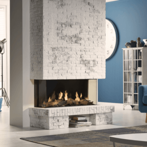 Contemporary 1.2 metre 3-sided gas fire that casts a warm glow to all corners of the living room. This stunning 3 sided glass front fire is pictured set into an elegant white brick feature wall