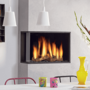 Global 60 Corner BF is very suitable for positioning in a corner, providing you with a view of the fire from two sides. Very shallow built-in depth Pictured here with a Ceraglass finish set into the corner of a light grey feature wall