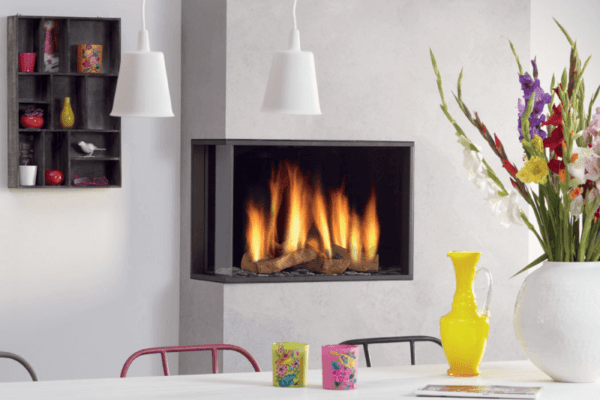 Global 60 Corner BF is very suitable for positioning in a corner, providing you with a view of the fire from two sides. Very shallow built-in depth Pictured here with a Ceraglass finish set into the corner of a light grey feature wall