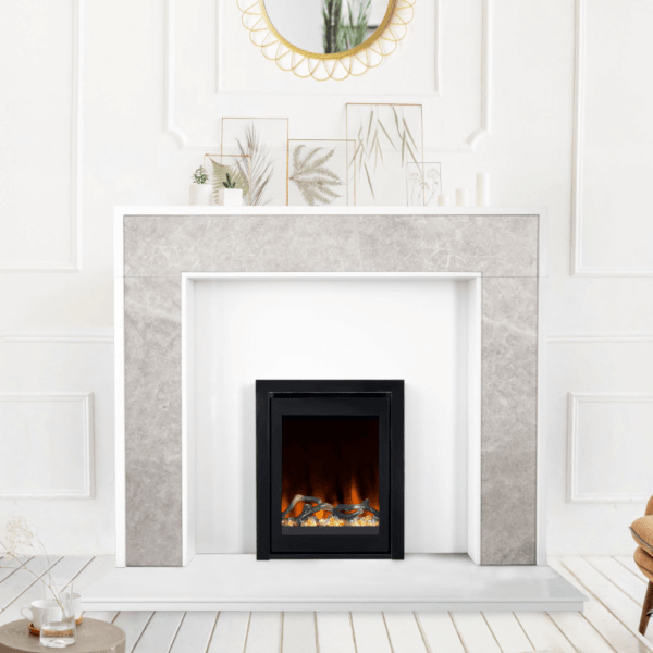 54" Mirage Nimbus Grey Marble Surround Pictured with Inset White back panel, white granite hearth