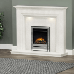 The Ravel E16 Salvador is a 54” micro marble electric fireplace suite pictured here with a Wildfire Salvador 54” surround in Manilla Micro Marble and black anthracite and chrome trim insert