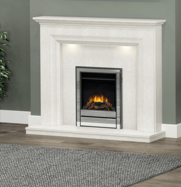 The Ravel E16 Salvador is a 54” micro marble electric fireplace suite pictured here with a Wildfire Salvador 54” surround in Manilla Micro Marble and black anthracite and chrome trim insert