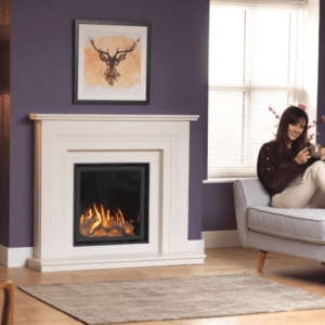 The Ravel 600 is a stunning glass fronted fire. Shown here in the Amalfi 600 micro marble surround in white, and installed with the sleek black Edge trim, for the trimless look. The Ravel 600 will fit nearly all masonry fireplace openings.