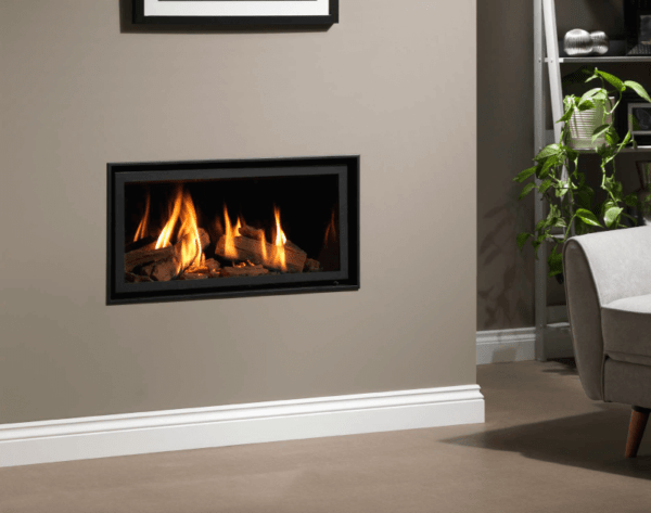This glass fronted gas fire is shown here installed with the Ravel 800 Edge trim directly into a fireplace wall for a minimalistic look.