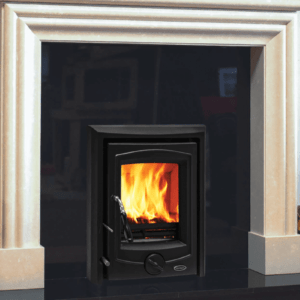 The Achill 6.6kW multifuel insert is one of Elegant Fires best sellers due to its traditional design and excellent efficiency rate. Pictured here in black set into a black granite insert and white marble fireplace surround.