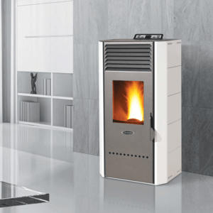 Contemporary design Freestanding Pellet Stove. White frame with silver door and fire lit behind viewing window