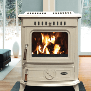 21kw cast iron multi fuel boiler stove pictured in cream enamel with fire burning inside