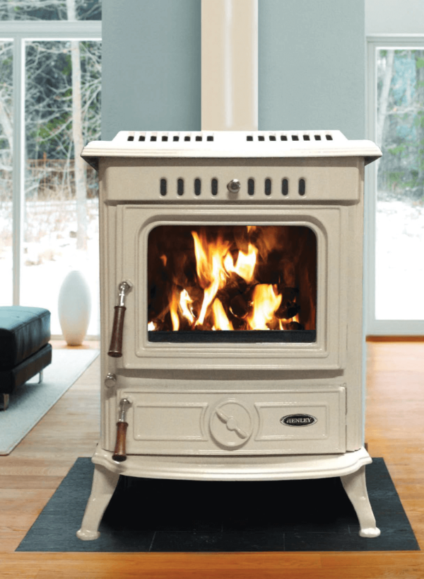 21kw cast iron multi fuel boiler stove pictured in cream enamel with fire burning inside