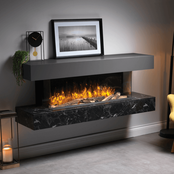 Wall mounted suite shown in Graphite Grey with a Black Marble premium hearth showcasing a flaming SLE100 electric fire.