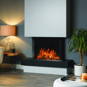 Floor standing luxury electric suite shown in Misty Grey with a Midnight Black Granite supreme hearth showcasing the SLE75 electric fire from Elegant Fires