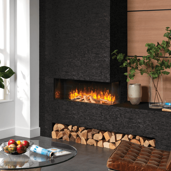 Ultra realistic,  flame effect fire with a hand crafted log fuel bed, positioned in a stunning black feature with log store underneath