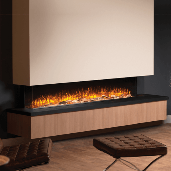 Ultra realistic, contoured glowing flame technology with a hand crafted log fuel bed, with black hearth and timber base