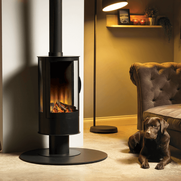 Luxury black cylindrical standing electric stove with side windows featuring etronic 3D flame effect technology from Elegant Fires