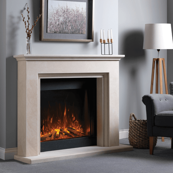 Ultra realistic flame effect fire, featuring itronic effect technology. A high definition, hand crafted ceramic log fuel bed pictured with glowing red flames with black trim surround, set into an cream, stone fireplace surround and hearth