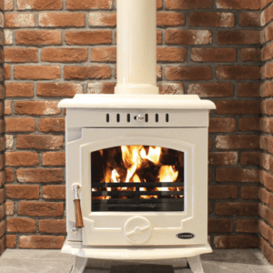 Stunning white enamel stove with timber design handle and blazing fire seen through viewing window. Set against a brick chamber backdrop