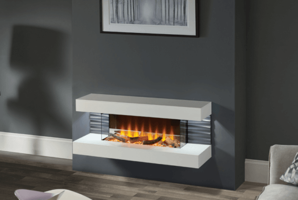 The Tamarin with panoramic glass giving a great view of relaxing flames and log fuel bed and white base and mantel