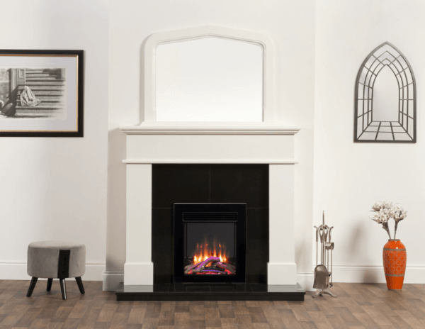 Vitae 400 Iconic Electric Fire in black pictured here with black insert and the Pisa Perla White Surround