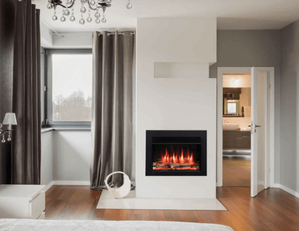 Glass framed, deep fuel bed and mirrored side glass electric fire, with black trim frame set into a white feature wall