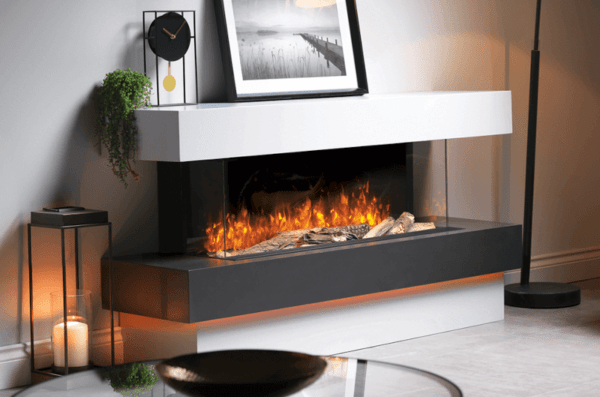 Floor standing luxury electric suite shown in Misty grey with a Graphite Grey premium hearth showcasing the SLE100 fire and added scene lighting