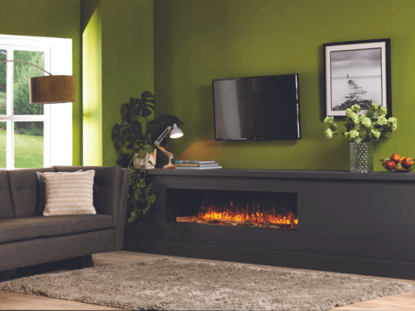 An ultra realistic flame effect fire, fitted into a dark grey surround. Featuring hand crafted ceramic log fuel bed.