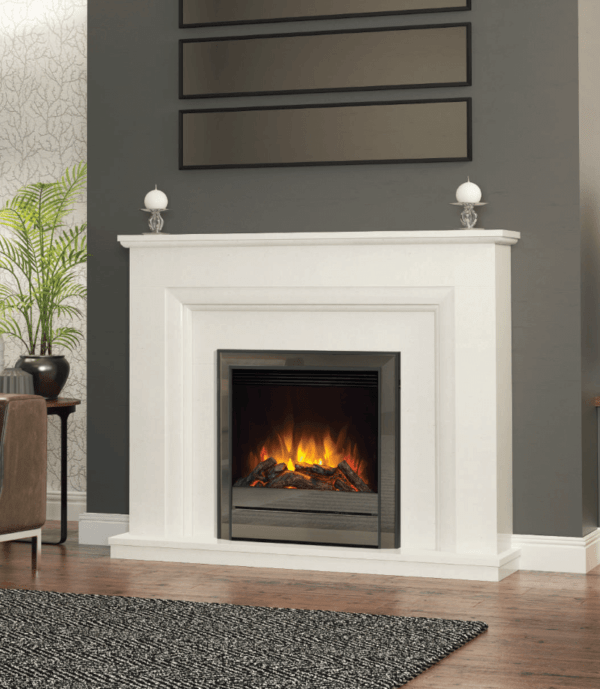 50” Amorina electric fireplace in White micro marble complete with Chollerton electric fire in Black Nickel with chrome trim from Elegant Fires