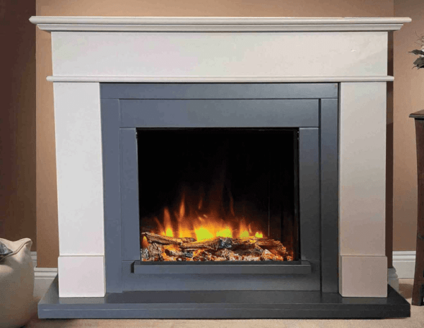 The Berlin 48 Suite from Elegant Fires. A contemporary yet compact electric suite,  suitable for many room styles. Finished in lustrous sand with a slate grey effect hearth and back panel. Features the Infinity 480E 4D Ecoflame electric fire.