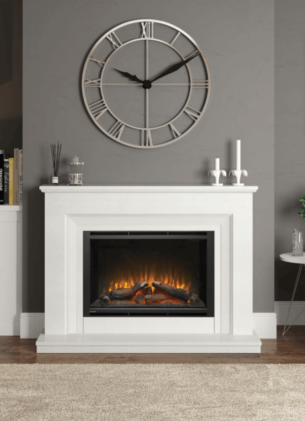 52” Cassius electric fireplace in White micro marble complete with 950 black trim widescreen electric fire.