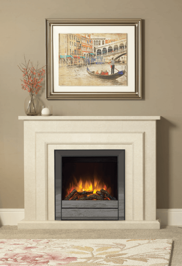 48” Farnham electric fireplace in manila micro marble complete with Chollerton electric fire in black nickel