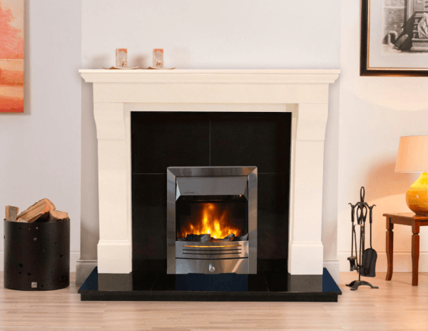 Elegant Fires Cambria Ivory Pearl Surround. Pictured with black granite hearth, back panel and chrome 16″ HD Electric Fire.