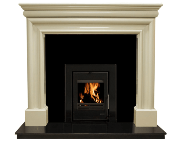 Elegant Fires Juliet, 54" surround in Ivory Pearl. Pictured with black granite hearth, back panel and black Vitae 6kW Cassette Stove
