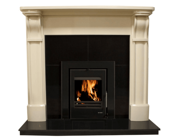 Elegant Fires Kelso Surround. 54" Surround in Perla White Pictured with black granite hearth, back panel and black Vitae 6kW Cassette Stove