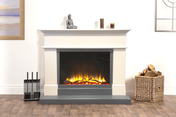 The Pisa Electric Suite, pictured with a perla white surround and grey hearth, features the Infinity 780E 4D Ecoflame electric fire from Elegant Fires. The Pisa suite is available in either Perla White or Ivory Pearl