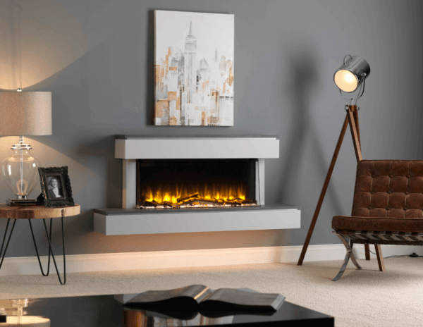 Wall hung electric fireplace finished in textured grey and white, the contrasting shelf in grey sits atop the extended width hearth. Features the Infinity E 890 4D Ecoflame electric fire from Elegant Fires