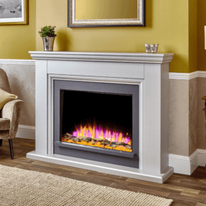 A compact, contemporary fireplace, finished in textured white and pearlescent river. The Valdina displays intricate styling and detailing with a chunky shelf across the top. This suite comes with the Infinity E 480 4D Ecoflame electric fire from Elegant Fires