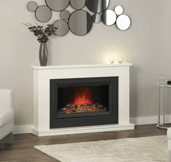 52” Wellsford electric fireplace in white micro marble complete with widescreen electric fire and anthracite trim