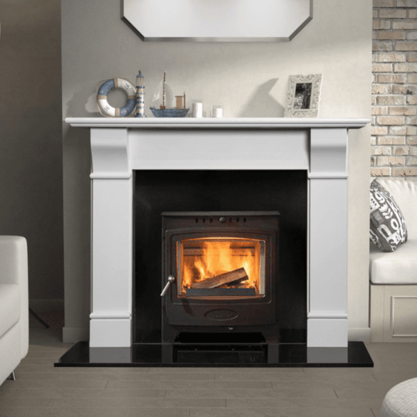 Elegant Fires White Marble Fireplace Package with black Arada Solution 7kw Insert Stove