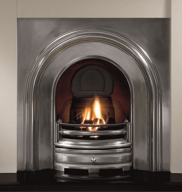Elegant Fires, HD Gallery Silver Crown Arch, Fully Polished silver arch pictured with silver insert and cream fireplace surround