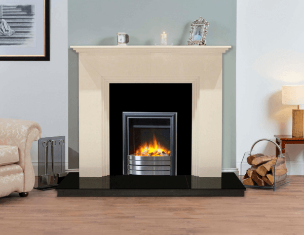 Elegant Fires, Katia Fireplace, 54" Ivory Pearl Surround. Pictured with black granite hearth,back panel and a chrome coloured 3D Ecoflame electric fire.