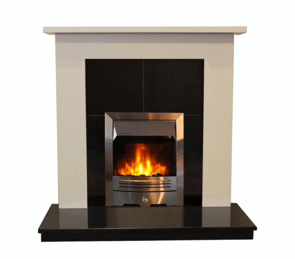 Elegant Fires 40" Ivory Pearl Merton Suite. Pictured with black granite hearth, back panel and HD 16″ chrome trim Electric Fire