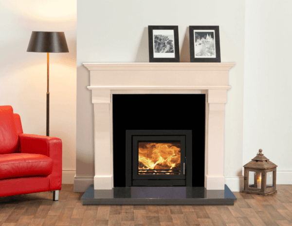 Elegant Fires HD Montreal - 54" Ivory Pearl Surround. Pictured with black granite hearth, back panel and black Fireline 6.5kW Cassette Stove.