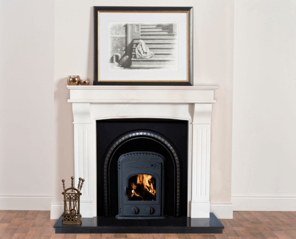 Elegant Fires, Romana, Ivory Pearl Surround. Pictured with black granite hearth, Polished Lombard Arch and 5kW Arched Insert Stove