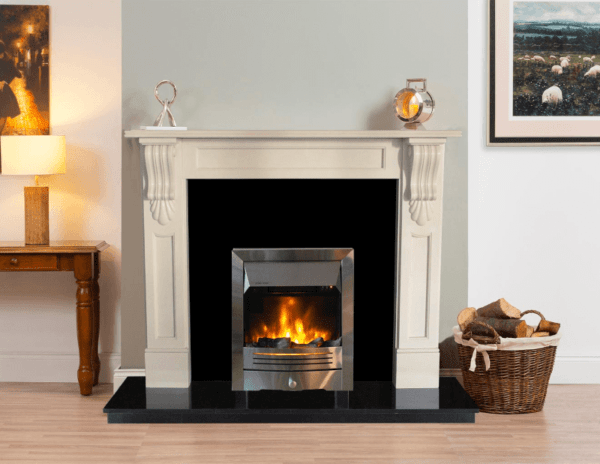 Elegant Fires, William, Ivory Pearl Fireplace Surround. Pictured with black granite hearth, back panel and chrome HD 16″ Electric Fire
