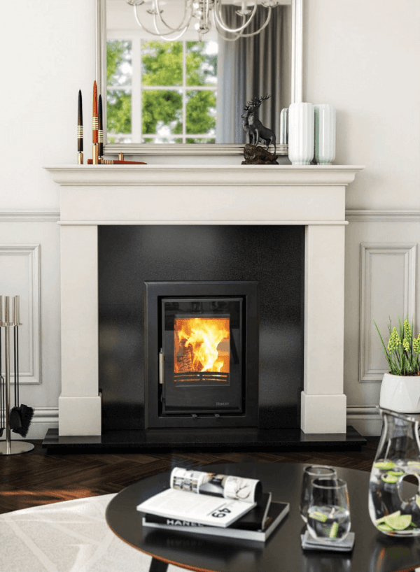 Elegant Fires Ivory Pearl Marble Surround with Black Henley Eco C400 Fireplace and Stove