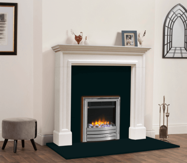 Elegant Fires Vienna white Aegean Limestone Surround. Pictured with black granite hearth, back panel and silver 4D Ecoflame 16″Electric Fire