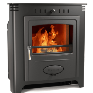 Elegant Fires, Arada Solution 7 Inset Stove, black stove with silver handle and fire lit inside